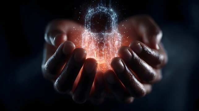 Close up of hands holding a glowing futuristic digital padlock formed from particles symbolizing data security protection and trust