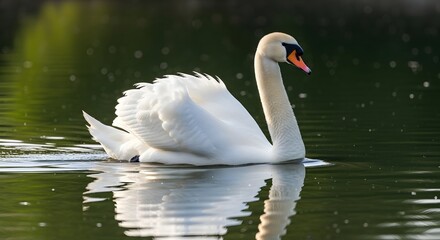 Obraz premium Elegant white swan swimming gracefully in calm water, reflecting sunlight on its feathers