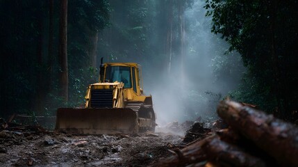 Yellow bulldozer actively clearing a misty muddy forest path with felled trees
