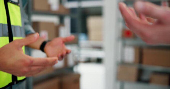 People, handshake and welcome for logistics at warehouse for agreement, greeting and delivery b2b. Employees, team and shaking hands for introduction, partnership and deal for distribution onboarding