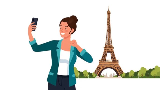 Woman Takes Selfie in Paris with Eiffel Tower