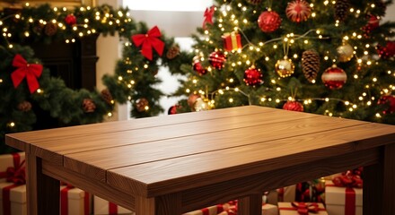 Empty wooden table with christmas tree and gift boxes in background for product display montage