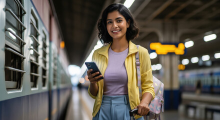 Smiling Young Indian Woman at Train Station