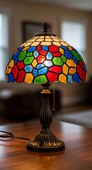 Vibrant Stained Glass Lamp Illuminating a Wooden Table.
