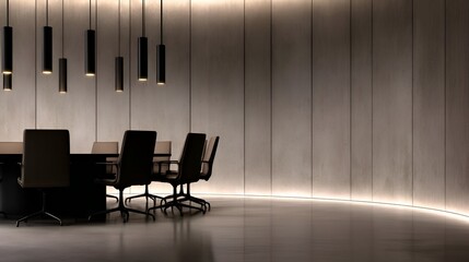 Modern conference room with sleek design, minimalistic furniture, and ambient lighting for meetings
