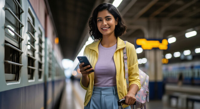 Smiling Young Indian Woman at Train Station