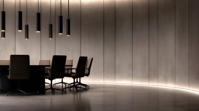 Modern conference room with sleek design, minimalistic furniture, and ambient lighting for meetings - Powered by Adobe