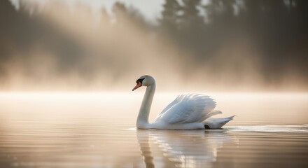 Fototapeta premium Majestic swan glides gracefully through misty waters at sunrise capturing serene nature beauty