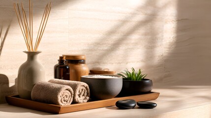 Relaxing spa setting with towels, stones, and aromatic elements on a wooden tray in a serene environment