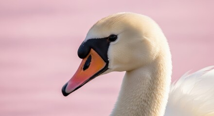 Majestic swan close-up elegantly posed against a soft pink background