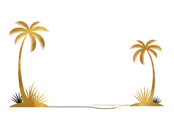Two stylized gold palm trees, curved trunks and fanned leaves, on dark mounds with tropical foliage, connected by a black line, vast white copy space, high-end vacation branding concept.