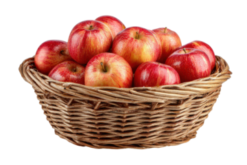 Red and yellow apples piled high in a woven wicker basket against a black background fruit food, Isolated On Transparent Background, Png Cut Out