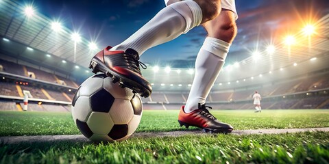 Fototapeta premium Dramatic Close-up of Soccer Player's Foot on Ball in Stadium