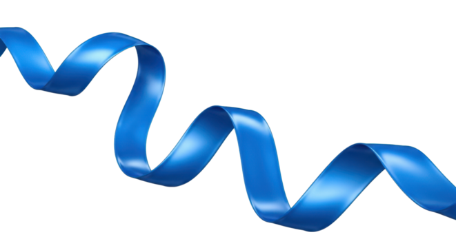 Long swirling shiny blue satin ribbon for decoration or design. Isolated on transparent background, png