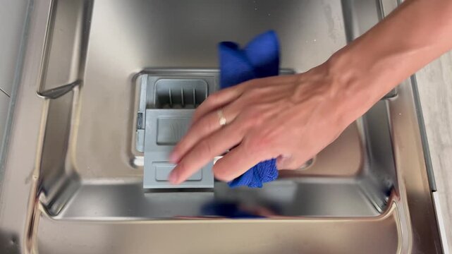 A woman's hand wipes an empty dishwasher with a blue microfiber cloth. The concept of homework.