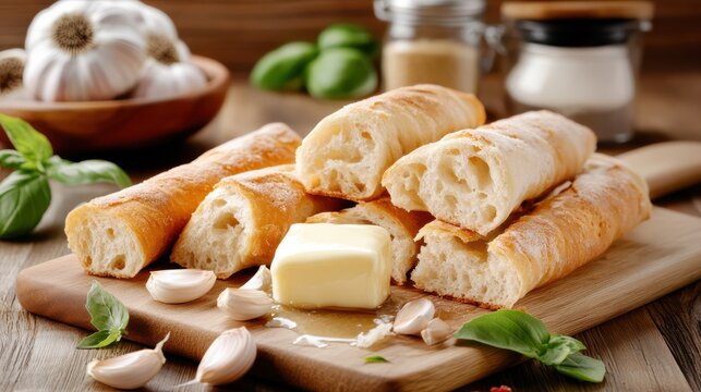 Freshly Baked Baguette Bread with Butter, Garlic, and Basil on Wooden Cutting Board, Rustic Food Still Life, Gourmet Culinary Delight
