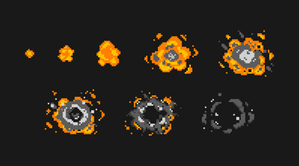 Pixel explosion sequence with orange fire and grey smoke for game sprite animation. Motion frames, progressive blast stages from small spark to dissipating clouds. Retro arcade effect assets. © klyaksun
