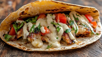 Grilled Chicken Taco with Creamy Sauce, Fresh Tomatoes, and Parsley on a Rustic Wooden Surface, a Delicious and Healthy Meal