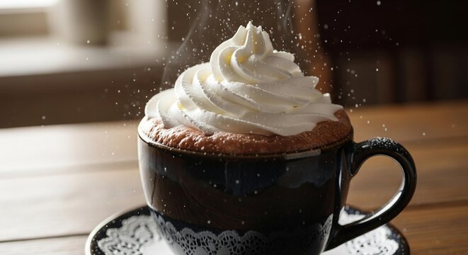 A steaming hot chocolate or mug cake in a dark ceramic cup, topped with a generous swirl of whipped cream.