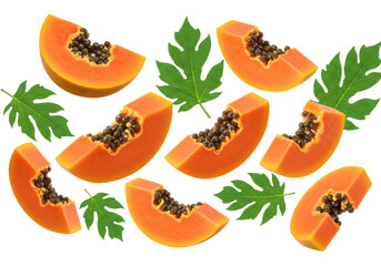 Vibrant orange papaya slices and green leaves suspended mid-air, photorealistic on a transparent background with copy space, fresh tropical food concept