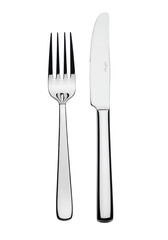 Sleek silver-colored metal dinner fork and knife, modern elegant design, standing upright on transparent background with copy space, high-key studio lighting, soft shadows, concept of minimalist
