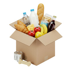 An open cardboard delivery box overflowing with groceries: fruits, dairy, bread, juice, cans, bone, against a transparent background with studio lighting. Concept of essential grocery delivery