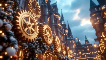 Fototapeta premium Golden Steampunk Gears and Warm Christmas Lights on a Gothic City Building