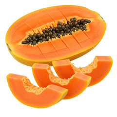 Vibrant yellow-orange papaya, one half diced into uniform cubes, two crescent slices in foreground, against a transparent background with copy space. Concept of healthy eating and tropical
