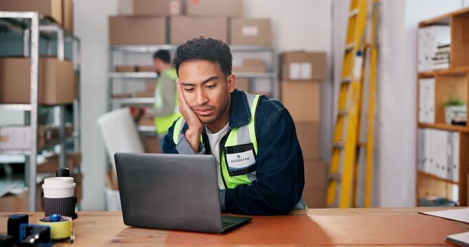 Logistics, man and tired with laptop in warehouse for order management, delivery error or brain fog. Staff, distribution app and dispatcher with fatigue at export depot for backlog workload or crisis