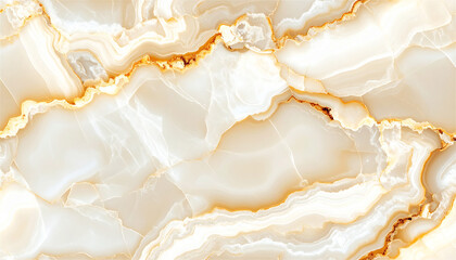 ベージュとホワイトのオニキス大理石テクスチャ　金の模様が輝くラグジュアリーな天然石背景　高級インテリアやデザイン素材に最適