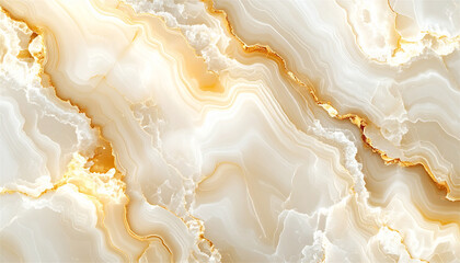 ベージュとホワイトのオニキス大理石テクスチャ　金の模様が輝くラグジュアリーな天然石背景　高級インテリアやデザイン素材に最適