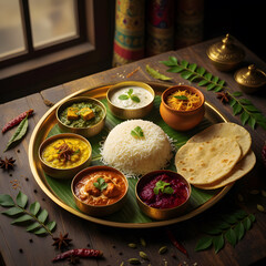 Indian delicious meal, Indian Thali concept, south Asian dinner