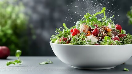 Fresh and Healthy Salad with Raspberries, Arugula, and Seeds with a Sprinkle of Herbs, Served in a White Bowl on a Grey Background - Healthy Eating Concept