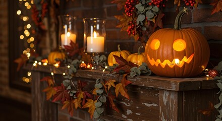 Obraz premium Cozy Halloween mantelpiece display with carved pumpkin, candles, autumn leaves, and warm inviting lights.