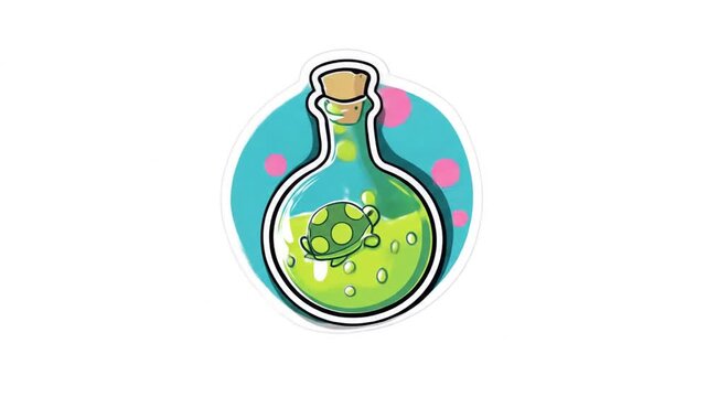 Cartoon potion bottle with turtle inside green liquid isolated white