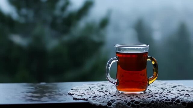 A glass of tea sits on a lace doily with a blurred green backdrop
