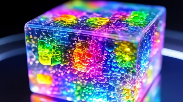 A luminous, crystalline cube displaying a spectrum of iridescent colors