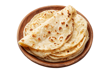 Soft golden flour tortillas or roti wraps arranged in rustic wooden plate, isolated on white transparent background, concept of traditional food
