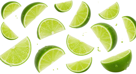 Dynamic bright green lime wedges, juicy, translucent pulp and zest, with glistening moisture, falling mid-air on a transparent background with copy space, concept for refreshing beverage