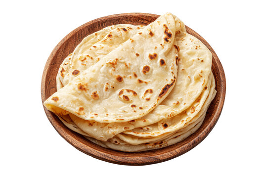 Soft golden flour tortillas or roti wraps arranged in rustic wooden plate, isolated on white transparent background, concept of traditional food