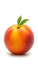 Fresh and Juicy Nectarine with Green Leaves on White Background.