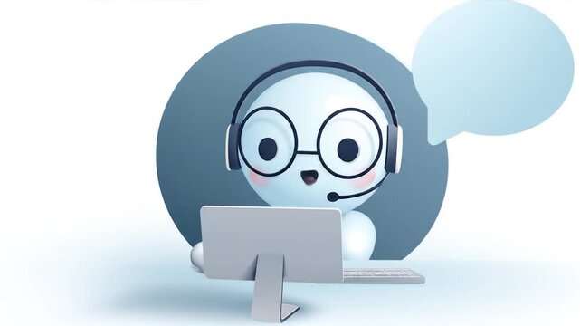 Animated character with headset using computer and talking with speech bubble