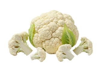 Large transparent cauliflower head with intricate florets and smaller cut florets, on transparent background with soft shadows, negative space, premium fresh produce concept