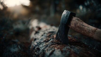 An axe is embedded in a fallen tree trunk in a dimly lit forest setting