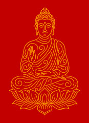 Elegant line art of Lord Buddha seated on lotus in meditation pose on red background, buddha, meditation, peace, spiritual, buddhism, gold, divine, enlightenment, art, calm, religion