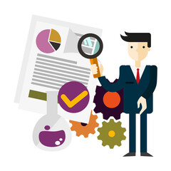 Man in Dark Suit Holding Magnifying Glass Over Chart and Gears with Flask and Checkmark in Flat Design Style