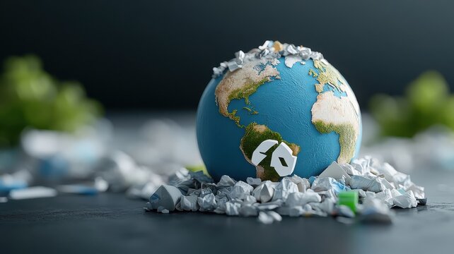 Globe suffocating under plastic waste, recycling symbols emerging, urgent need for action.