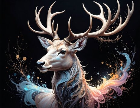 A majestic deer, its white coat contrasting against a dark background, is framed by a vibrant swirl of color and light. Its antlers are prominent