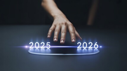 Hand touching a digital display showing the transition from 2025 to 2026