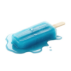 Vibrant blue popsicle partially melting with a glossy puddle on a transparent surface, seamless bright white background, macro close-up, ample copy space, concept of cool summer refreshment